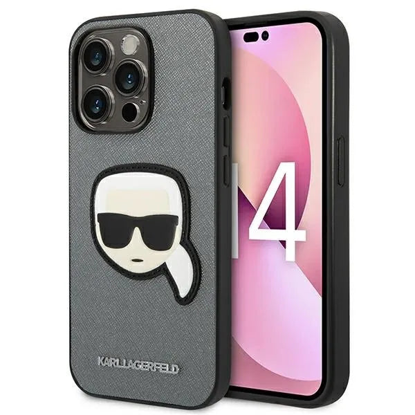 Karl Lagerfeld Saffiano Karl Head Patch dėklas, skirtas iPhone 14 Pro Max (sidabrinis)