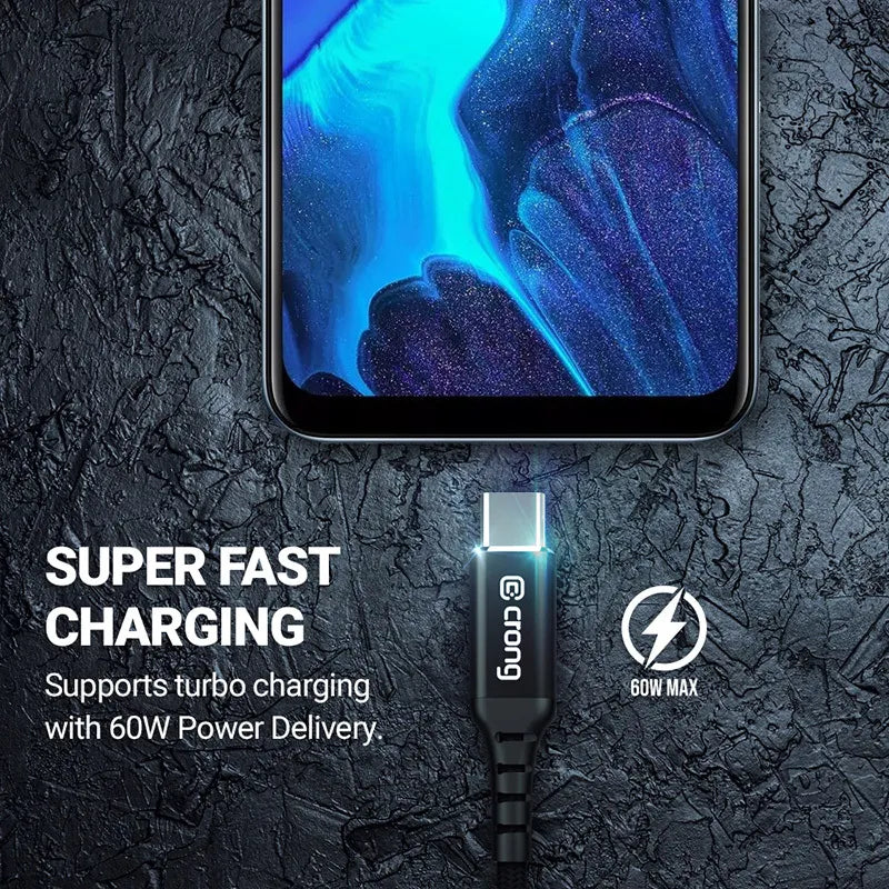 Crong Armor Link – 60W PD 3A USB-A į USB-C laidas 25 cm (juodas)