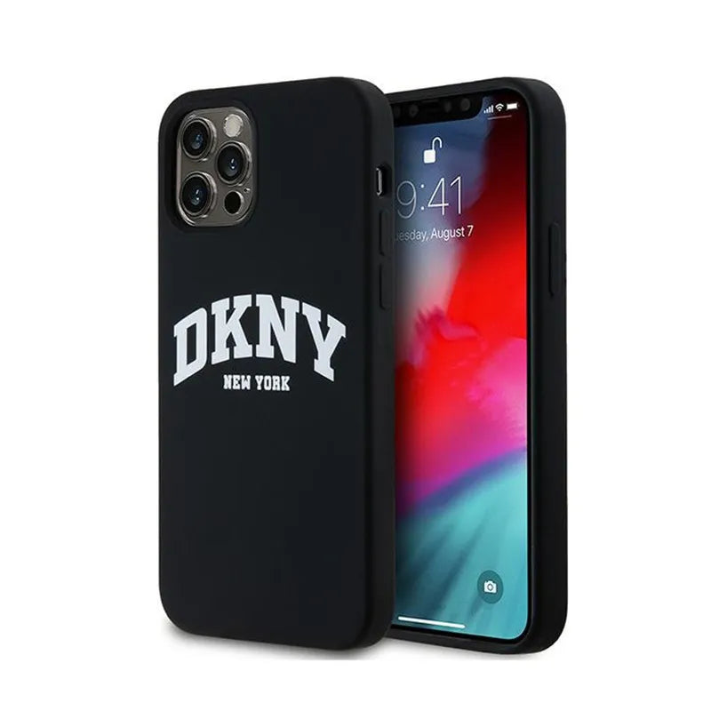 DKNY Liquid Silicone White Printed Logo MagSafe - Dėklas, skirtas iPhone 12 / iPhone 12 Pro (juodas)