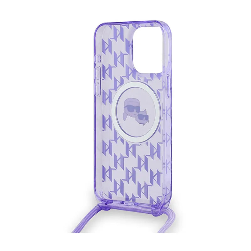 Karl Lagerfeld IML Crossbody Monogram Karl & Choupette Head MagSafe – dėklas iPhone 15 Pro (violetinis)