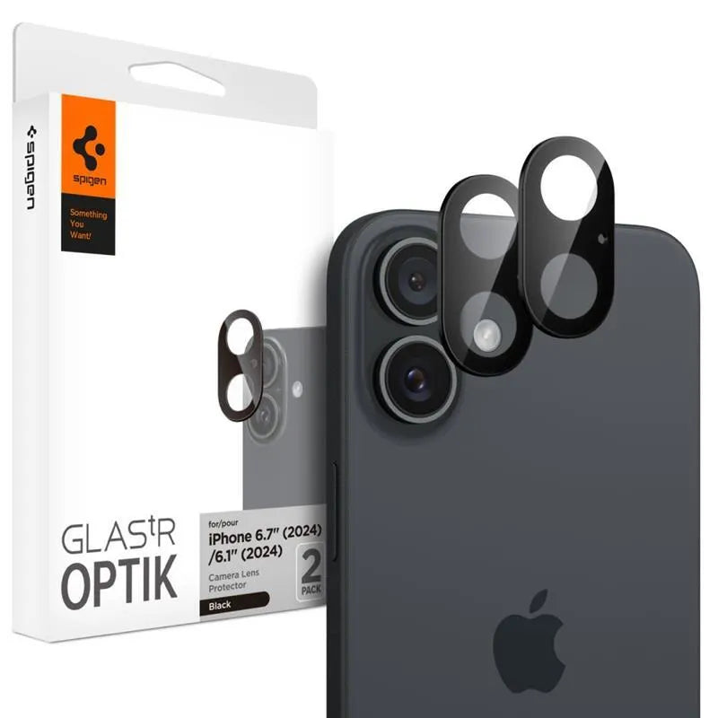 Spigen Optik GLAS.TR Camera Protector 2-Pack - objektyvo apsauga, skirta iPhone 16 / 16 Plus (2 vnt.) (Juoda)