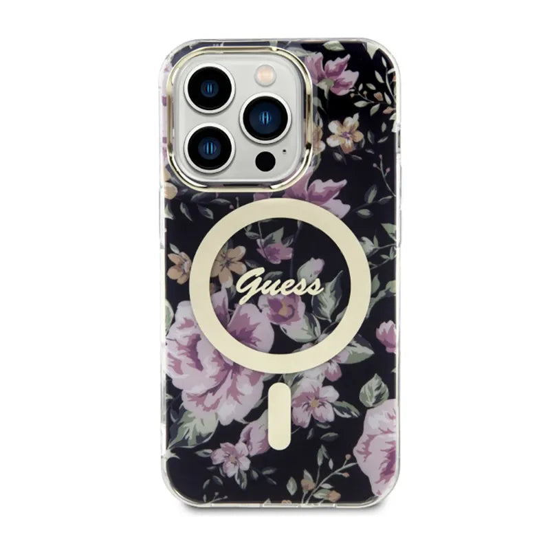 Guess Flower MagSafe – dėklas, skirtas iPhone 14 Pro (juodas)