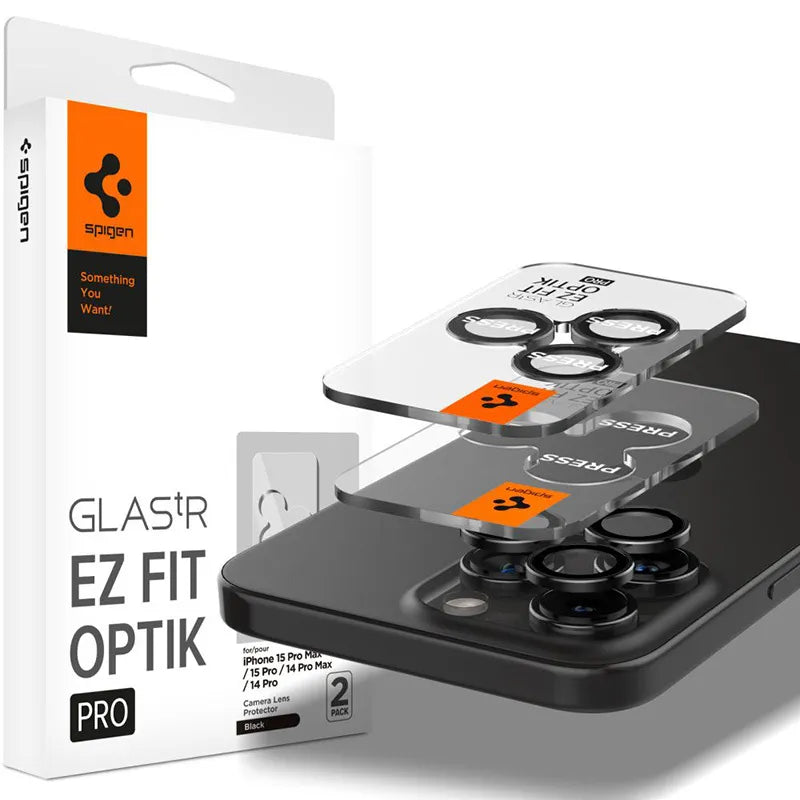 Spigen Optik Pro GLAS.TR EZ Fit kameros apsauga 2 vnt. rinkinys – objektyvo apsauginis stiklas, skirtas iPhone 16 Pro / 16 Pro Max / 15 Pro / 15 Pro Max / 14 Pro / 14 Pro Max (2 vnt.)
