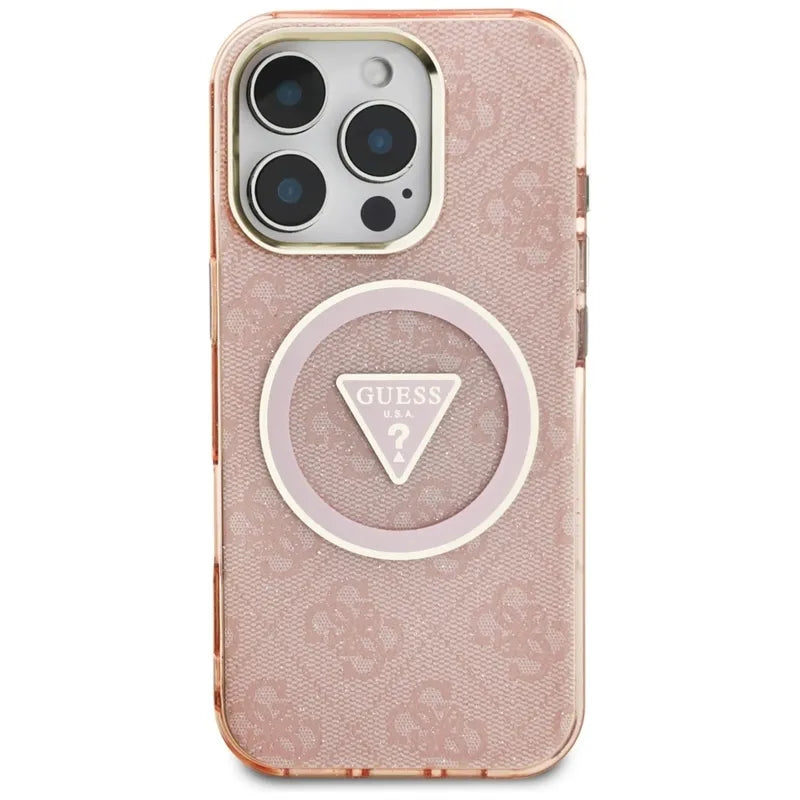 Guess IML Metal Glitter 4G Circle Triangle MagSafe – Dėklas iPhone 16 Pro (rožinis)