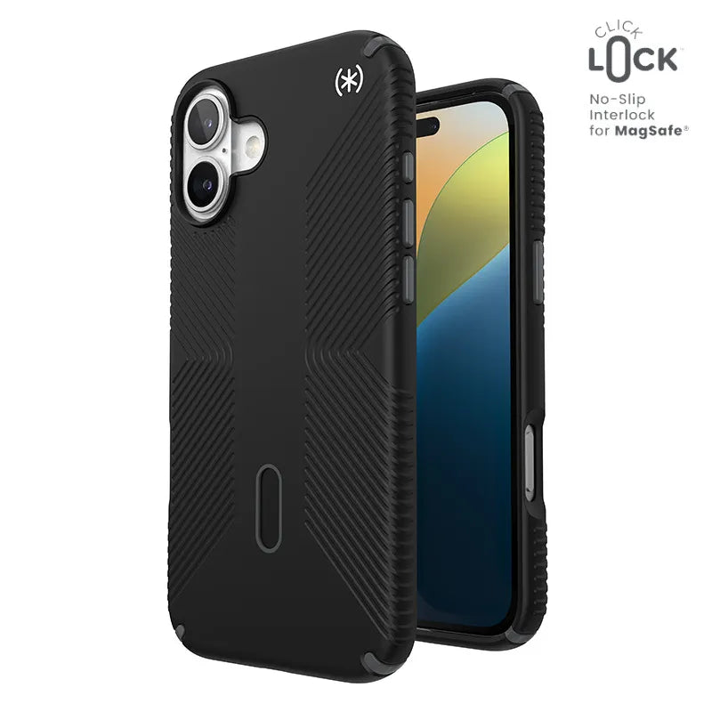Speck Presidio2 Grip ClickLock & MagSafe dėklas – iPhone 16 Plus (juodas / skalūno pilkas / baltas)