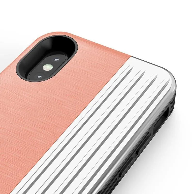 Zizo Retro serija – piniginės tipo nugarėlė su magnetiniu užsegimu ir įmontuotu stovu, skirta iPhone Xs / X (persikine/sidabrine spalva)