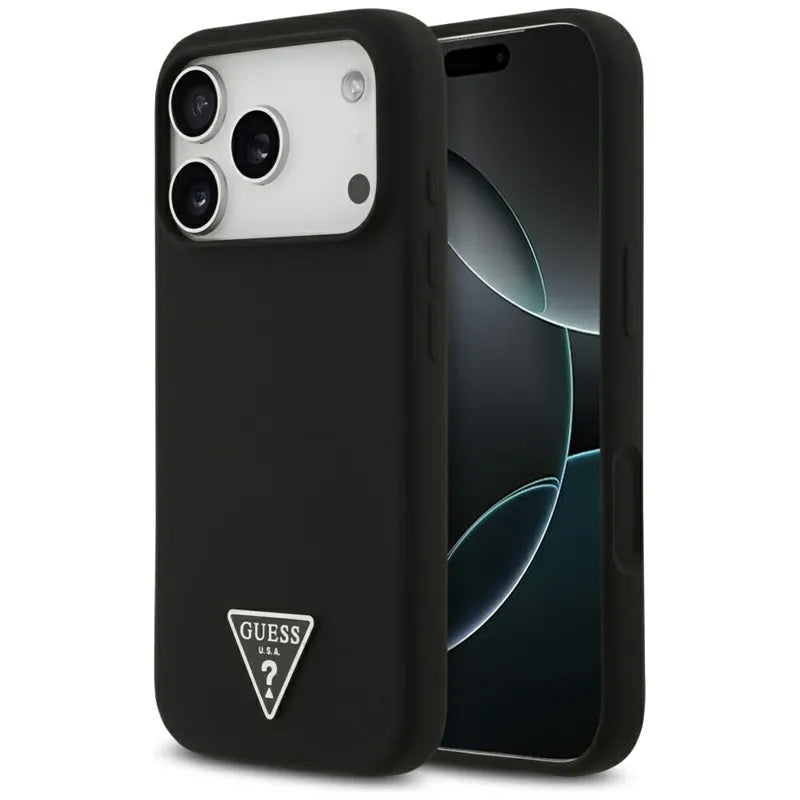 Guess Silicone Triangle Logo MagSafe – dėklas iPhone 17 Pro Max (juodas)