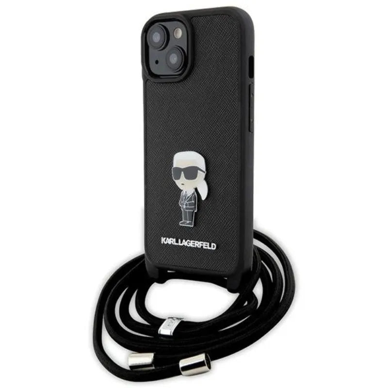 Karl Lagerfeld Crossbody Saffiano Monogram Ikonik Metal Pin – dėklas „iPhone 15“ (juodas)