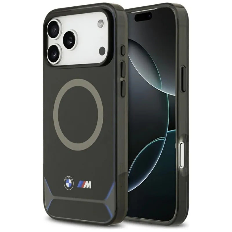 BMW M IML Metal Buttons & Logo MagSafe – dėklas iPhone 17 Pro Max (juoda-mėlyna)