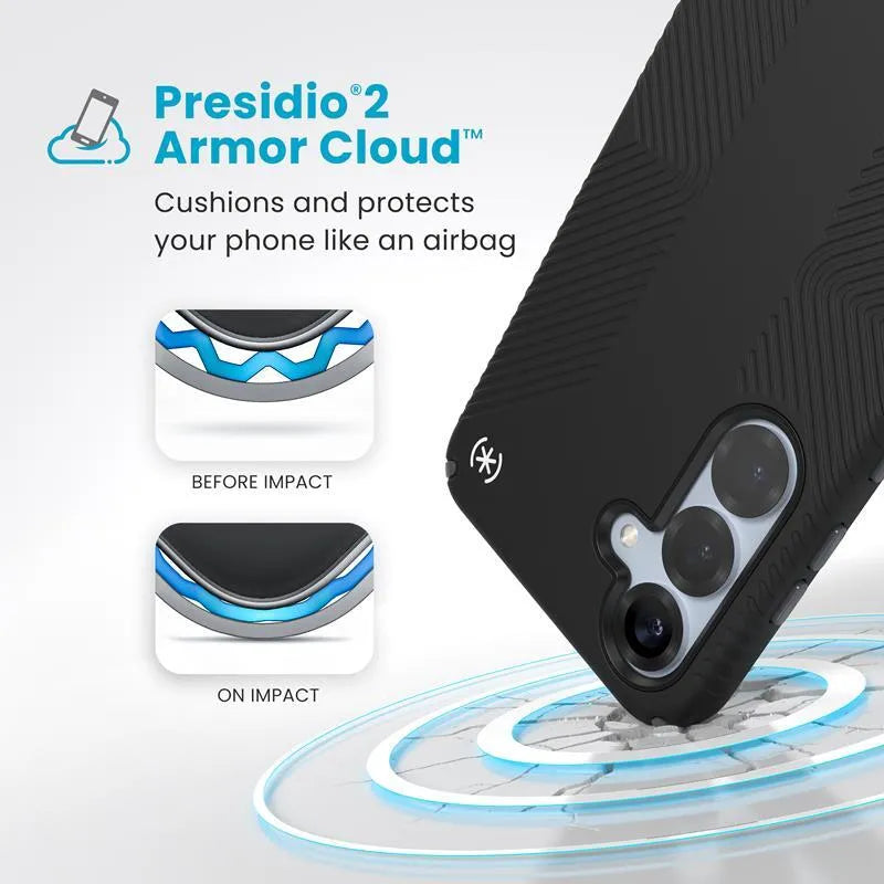 Speck Presidio2 Grip – Dėklas, skirtas Samsung Galaxy S25+ / 24+ (Juodas/Pilkas/Baltas)