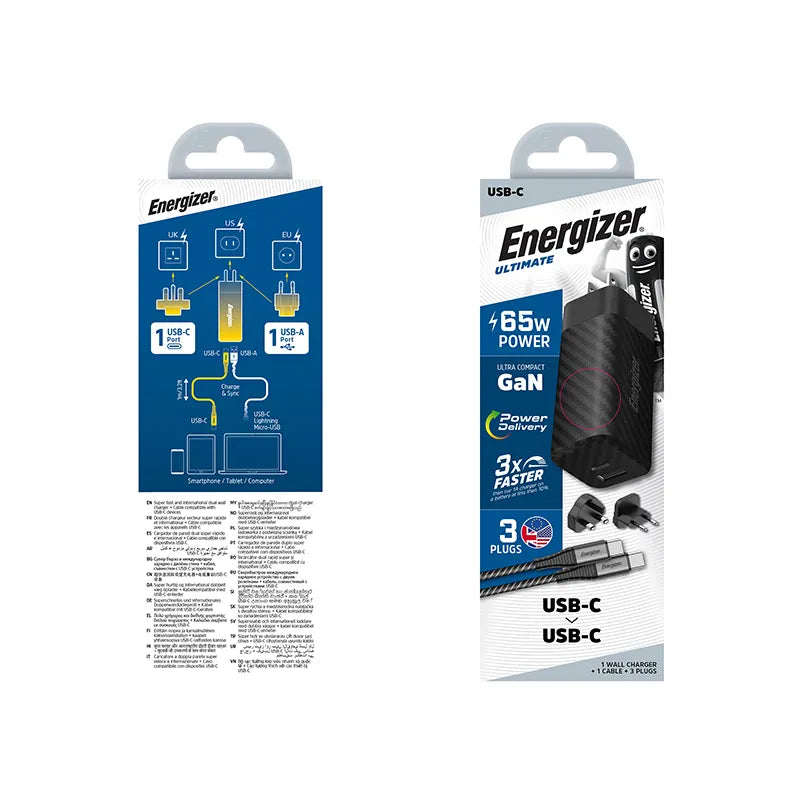 Energizer Ultimate – GaN USB-C ir USB-A 65W PD sieninis įkroviklis su EU/UK/US kištukų adapteriais + USB-C kabelis (juodas)