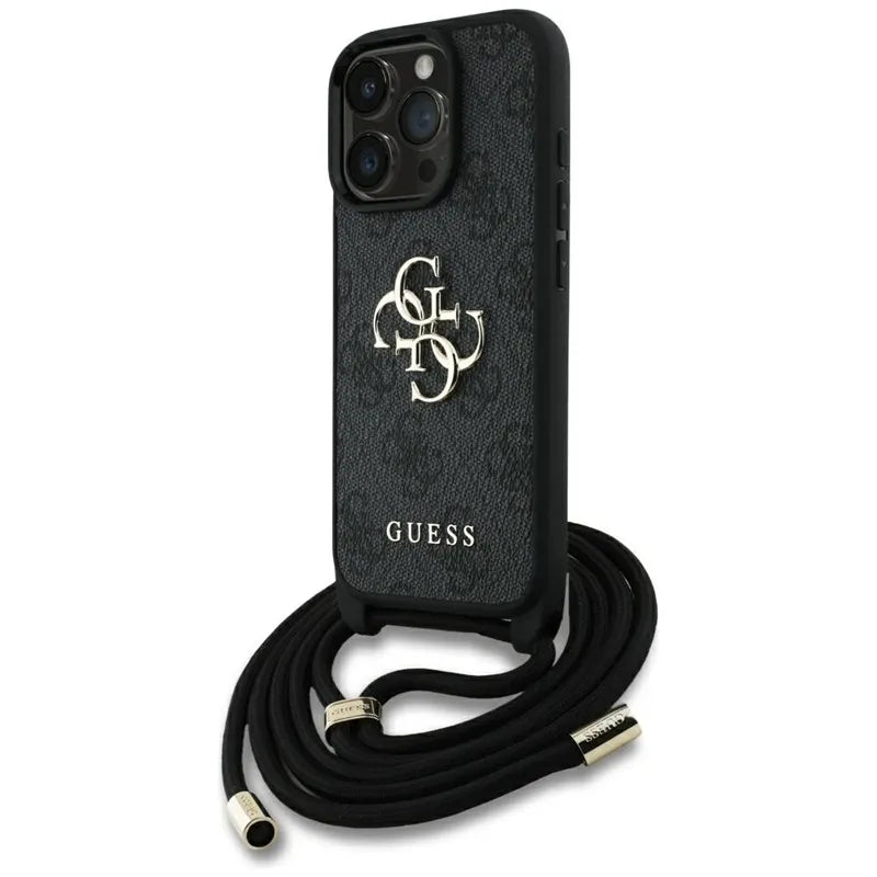 Guess 4G Big Logo Cord Strap Crossbody – dėklas iPhone 16 Pro (juodas)