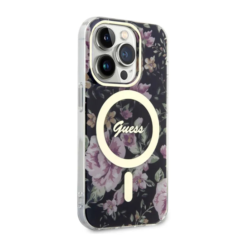 Guess Flower MagSafe – dėklas, skirtas iPhone 14 Pro (juodas)