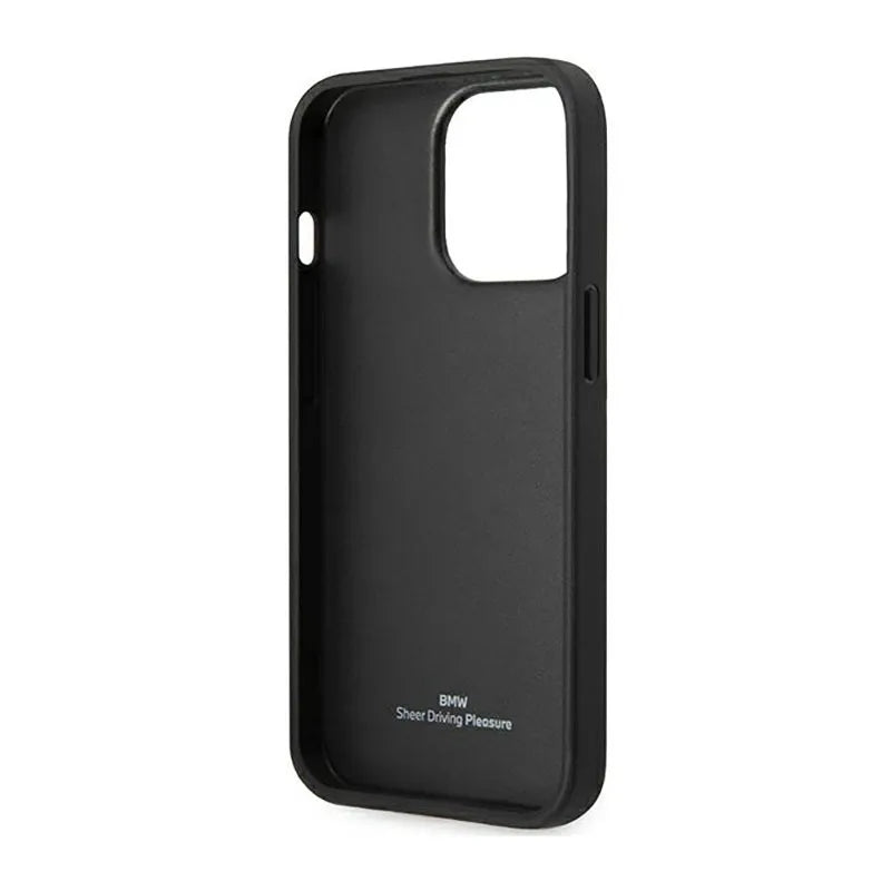 BMW Leather Blue Dots – Dėklas iPhone 14 Pro (juodas)