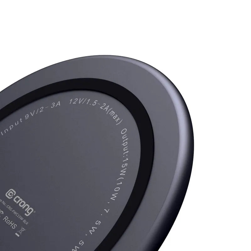 „Crong PowerSpot“ greitasis belaidis įkroviklis – 15 W aliumininis USB-C „Qi“ belaidis įkroviklis su grūdinto stiklo danga (Shadow Black)