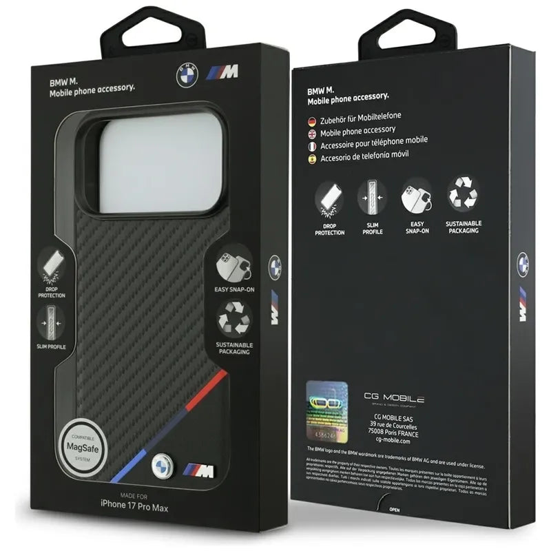 BMW M Carbon Tricolor Line MagSafe – dėklas iPhone 17 Pro Max (juodas)