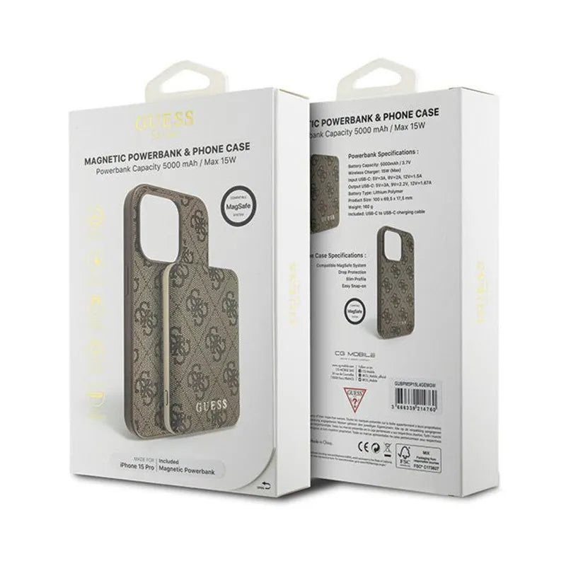 Guess rinkinys MagSafe 4G Metal Gold Logo – dėklas + 5000mAh MagSafe išorinis akumuliatorius, skirtas iPhone 15 Pro (rudas)