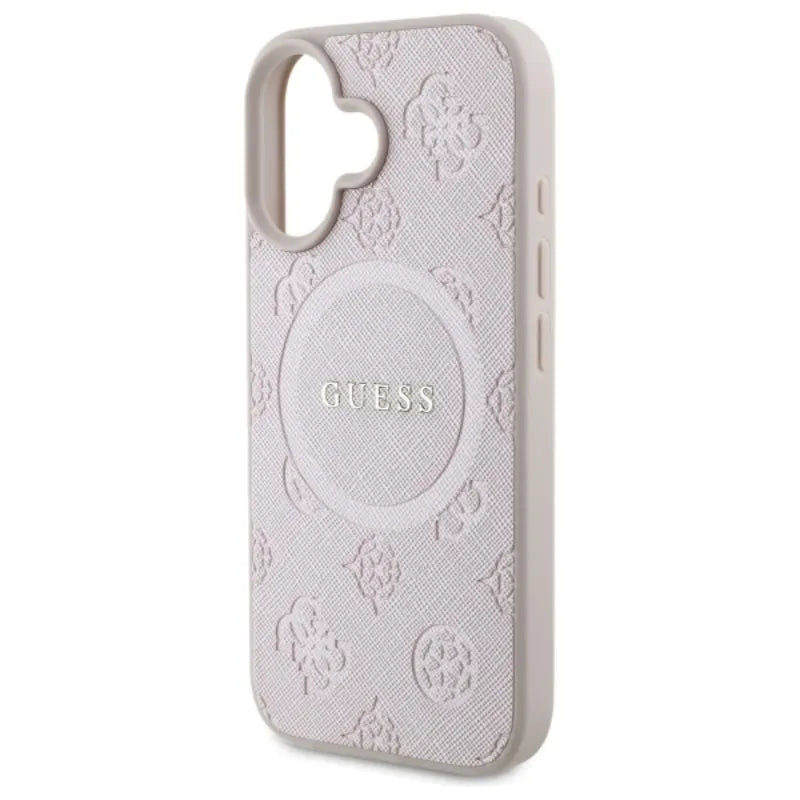 Guess Saffiano Peony Classic Logo MagSafe – dėklas iPhone 16 (rožinis)