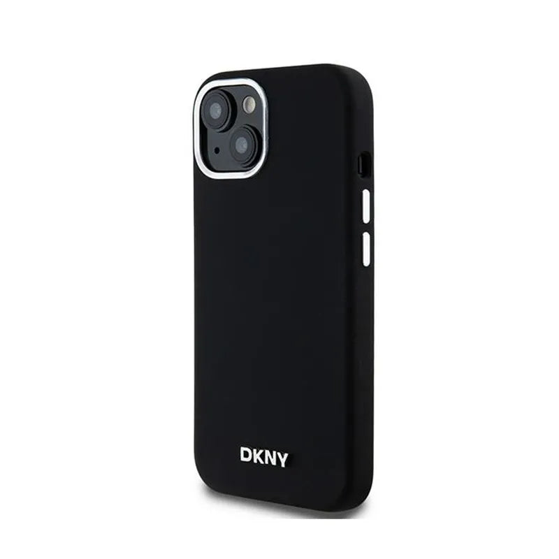DKNY Liquid Silicone Small Metal Logo MagSafe – dėklas iPhone 15 Plus / 14 Plus (juodas)