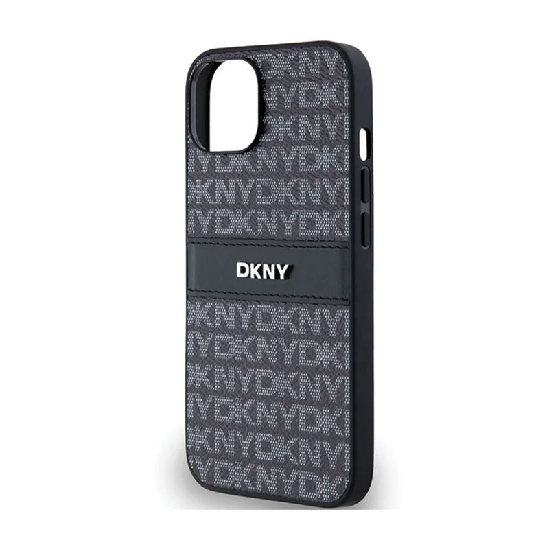 DKNY Leather Mono Stripe & Metal Logo – dėklas iPhone 15 / 14 / 13 (juodas)