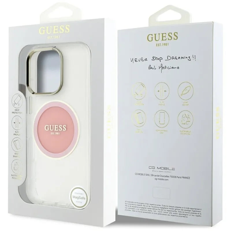 Guess IML Metal Colored Circle Classic Logo MagSafe - Dėklas iPhone 16 Pro Max (rožinis)