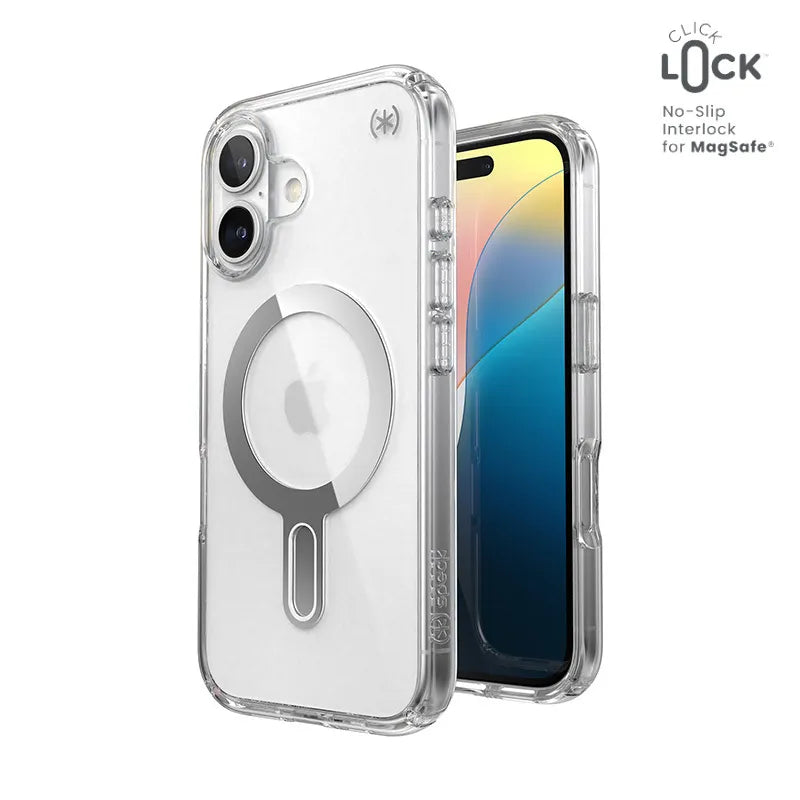 Speck Presidio Perfect-Clear ClickLock & MagSafe – dėklas iPhone 16 (skaidrus / chromo apdaila / Serene Silver)