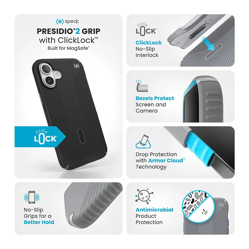 Speck Presidio2 Grip ClickLock & MagSafe dėklas – iPhone 16 Plus (juodas / skalūno pilkas / baltas)