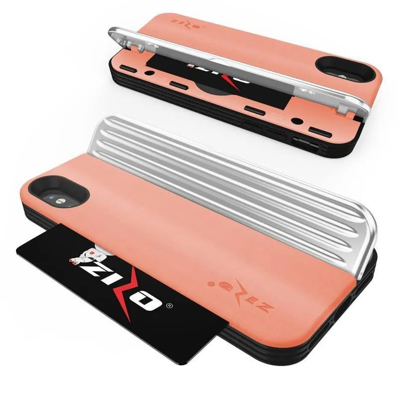 Zizo Retro serija – piniginės tipo nugarėlė su magnetiniu užsegimu ir įmontuotu stovu, skirta iPhone Xs / X (persikine/sidabrine spalva)