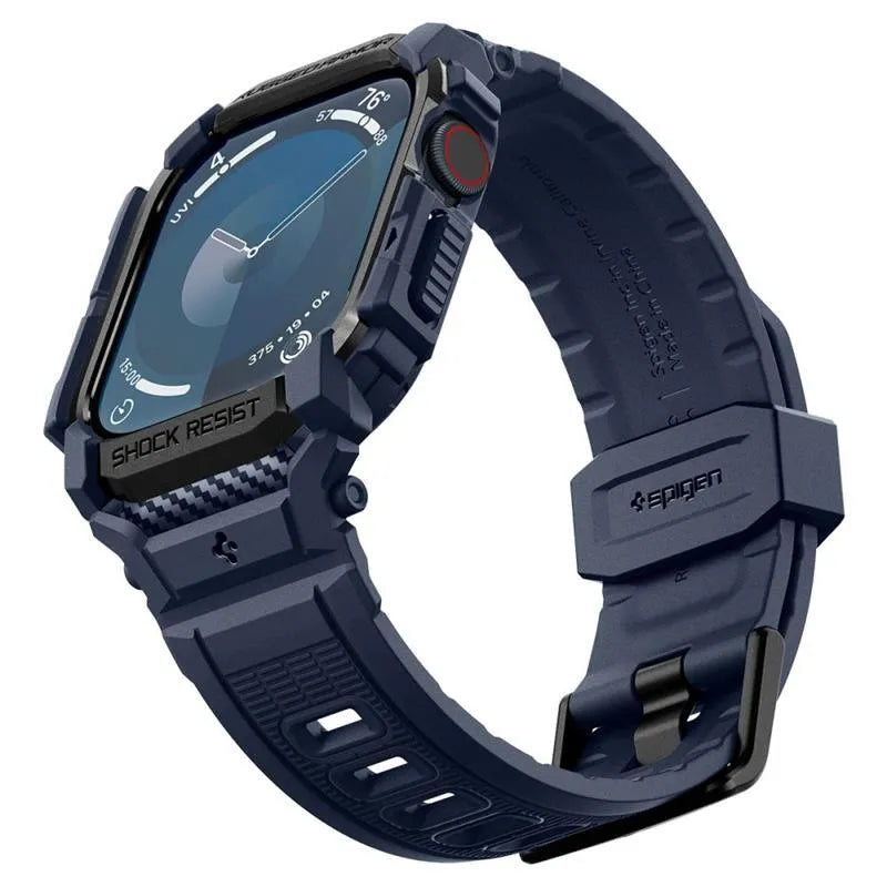Spigen Rugged Armor Pro – dirželis su dėklu Apple Watch 10 46 mm (tamsiai mėlynas)