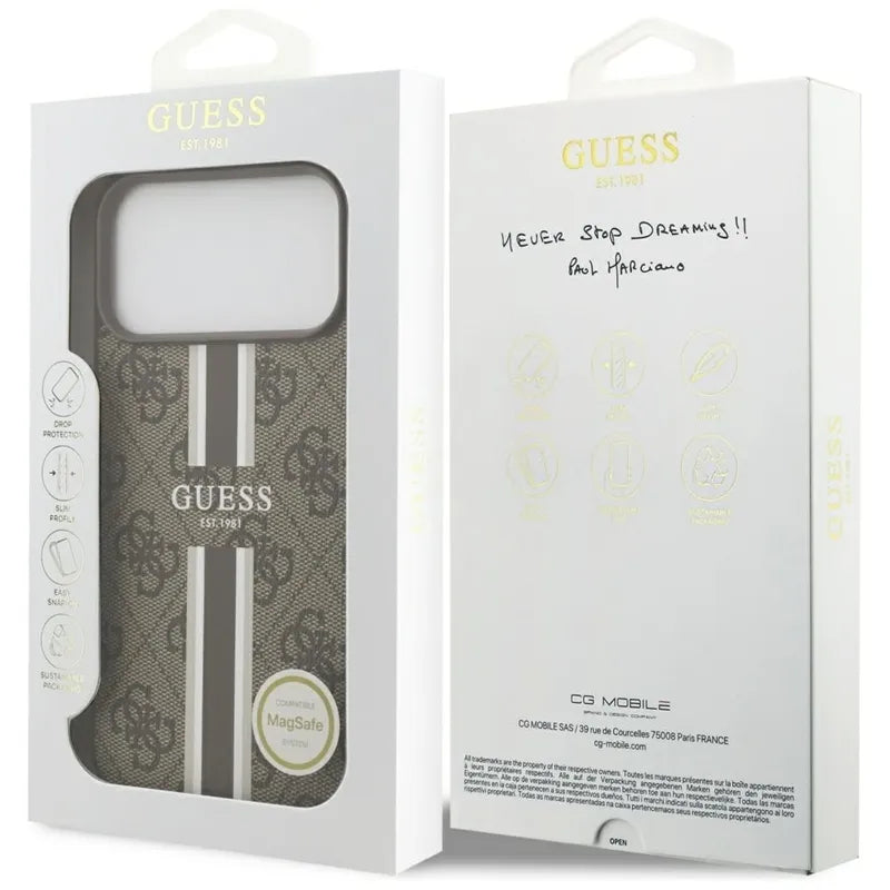 Guess 4G Printed Stripes MagSafe – Dėklas iPhone 17 Pro Max (rudos spalvos)