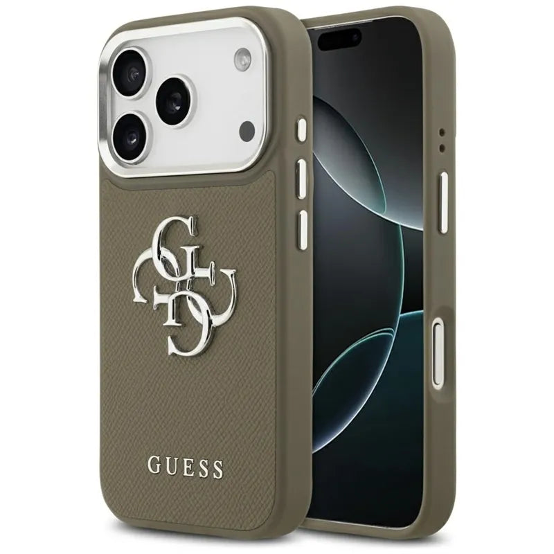 Guess Grained Big 4G Classic Logo – dėklas, skirtas iPhone 17 Pro (rudas)
