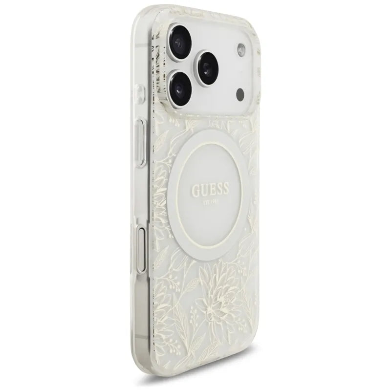 „Guess IML Flowers Electro Pearl Strap MagSafe“ – dėklas „iPhone 17 Pro“ (baltas)