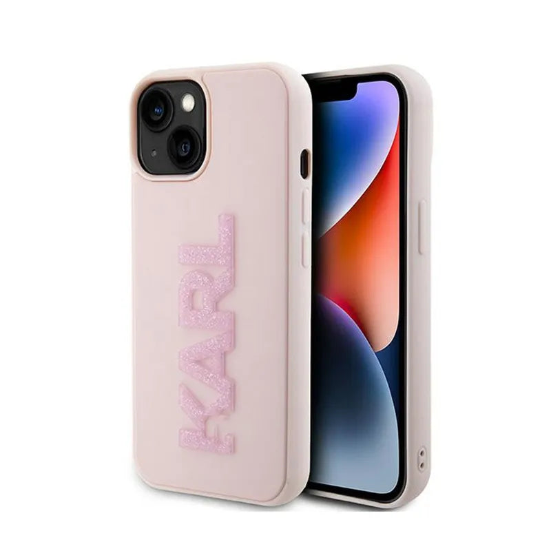 Karl Lagerfeld 3D Rubber Glitter Logo – dėklas iPhone 15 Plus telefonui (rožinis)