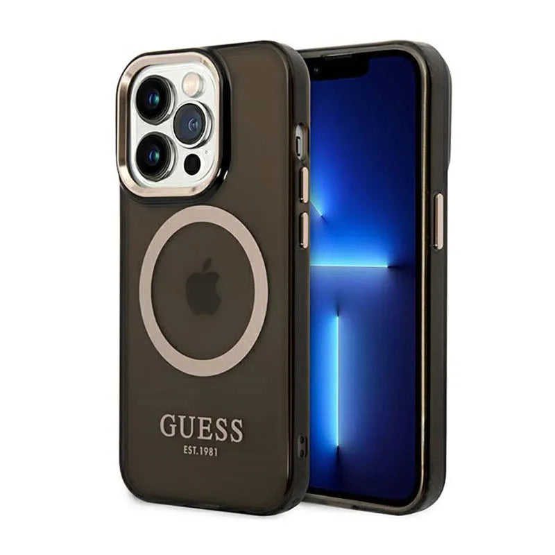 Guess Gold Outline Translucent MagSafe – dėklas iPhone 14 Pro (juodas)