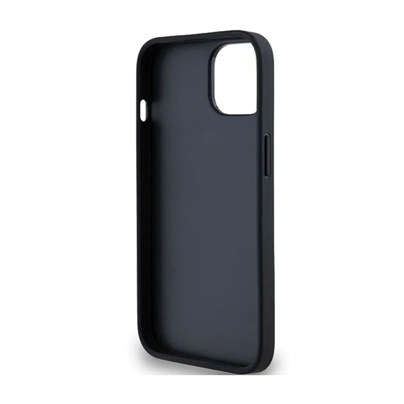 DKNY Leather Mono Stripe & Metal Logo – dėklas iPhone 15 / 14 / 13 (juodas)