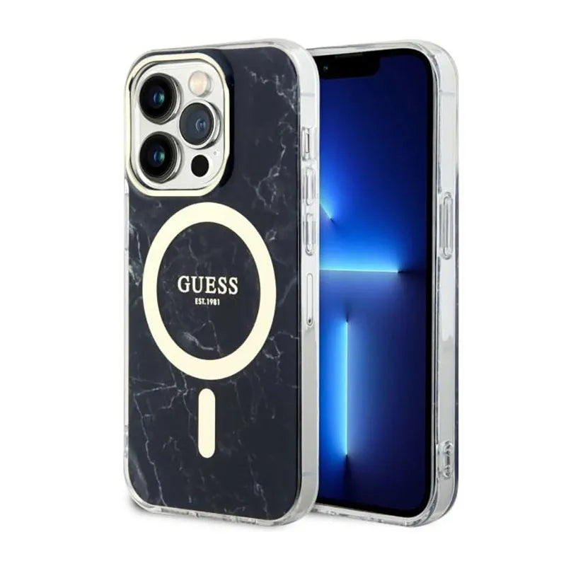 Guess Marble MagSafe – dėklas iPhone 14 Pro (juodas)