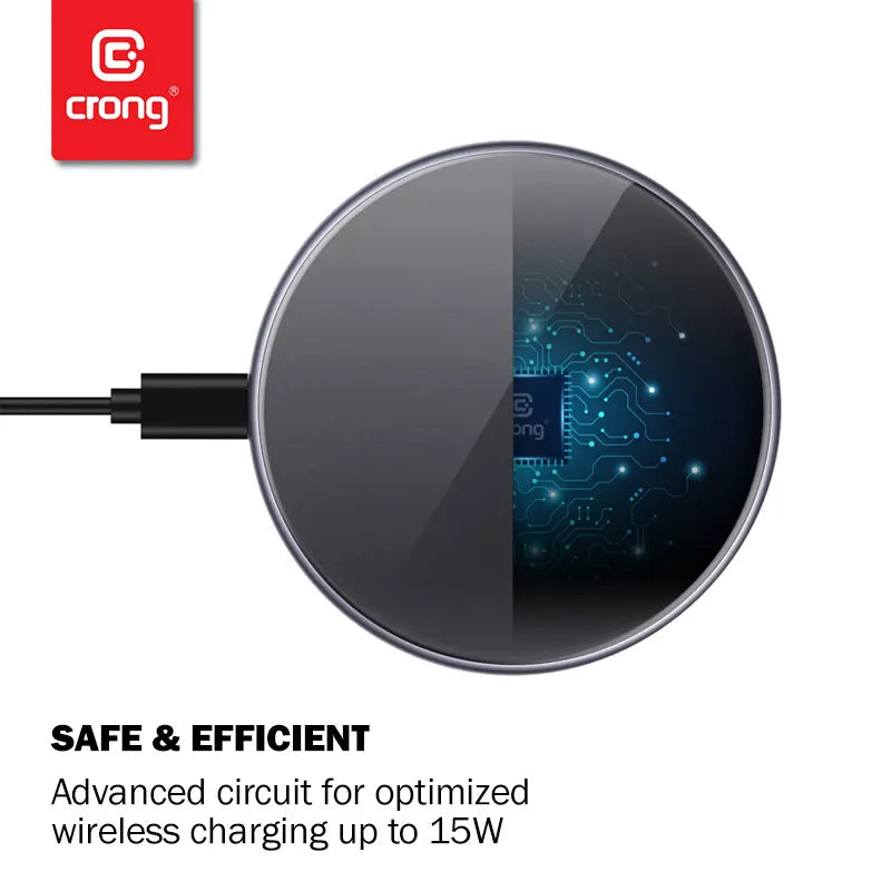 „Crong PowerSpot“ greitasis belaidis įkroviklis – 15 W aliumininis USB-C „Qi“ belaidis įkroviklis su grūdinto stiklo danga (Shadow Black)