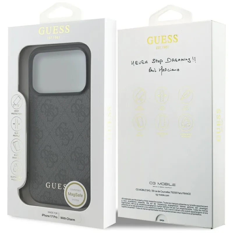 Guess 4G Charms Collection MagSafe – dėklas iPhone 17 Pro (juodas)