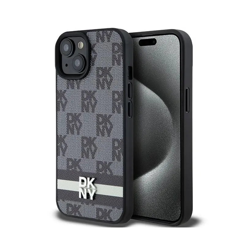 DKNY Leather Checkered Mono Pattern & Printed Stripes – iPhone 15 Plus / 14 Plus dėklas (juodas)