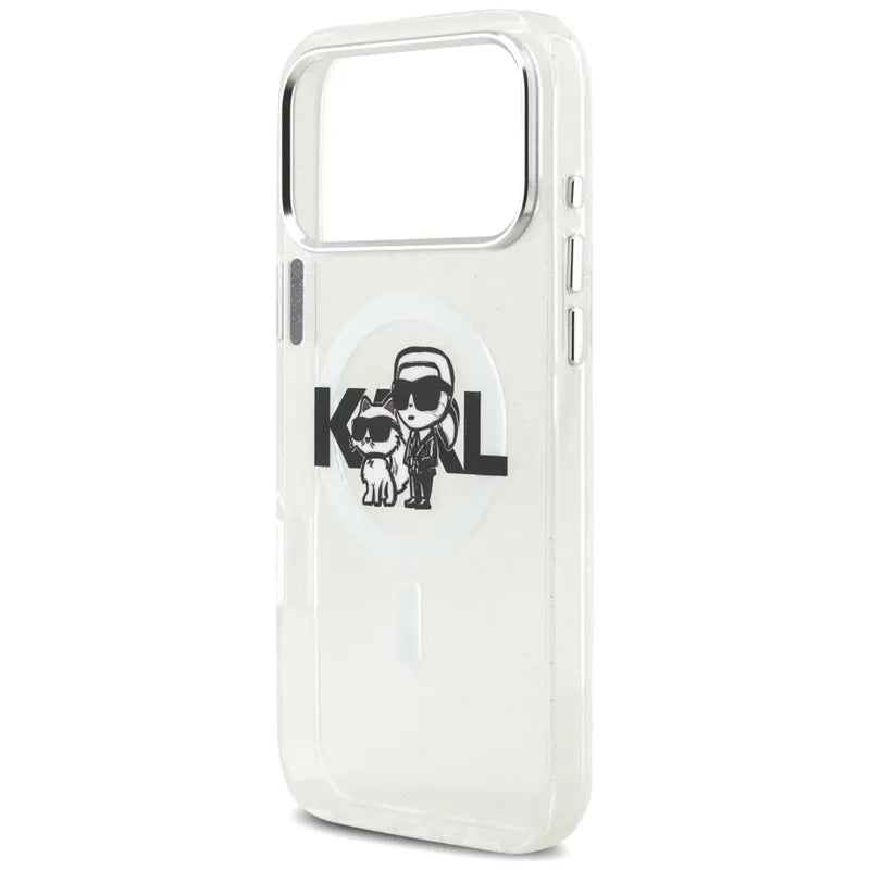 Karl Lagerfeld IML Glitter Karl & Choupette Sketch Logo MagSafe – dėklas iPhone 17 Pro Max (skaidrus)