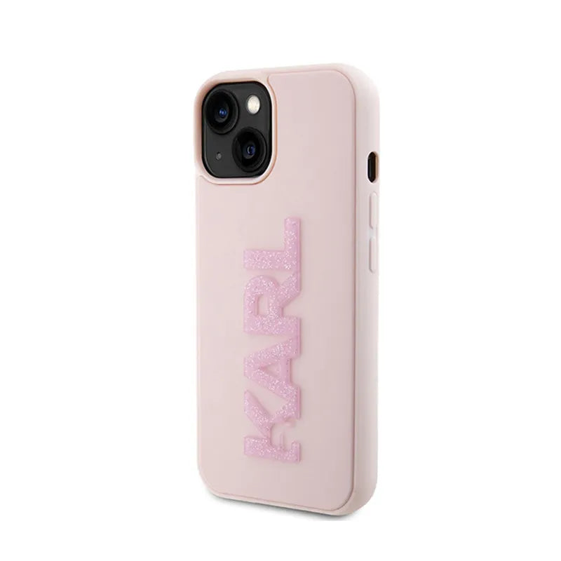 Karl Lagerfeld 3D Rubber Glitter Logo – dėklas iPhone 15 Plus telefonui (rožinis)