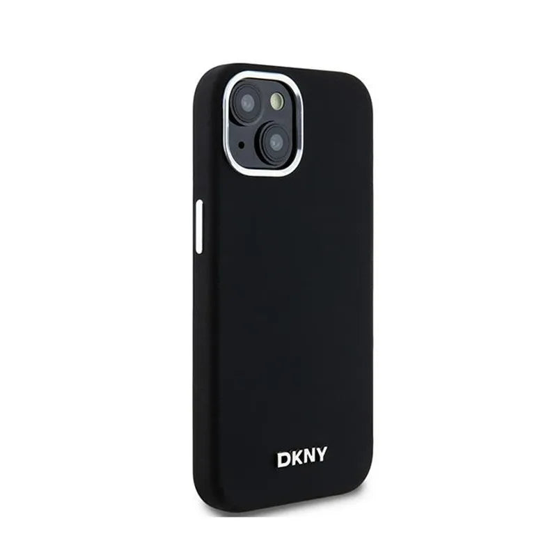 DKNY Liquid Silicone Small Metal Logo MagSafe – dėklas iPhone 15 Plus / 14 Plus (juodas)