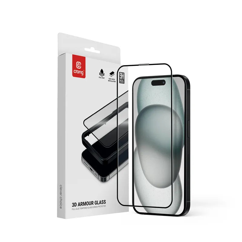 Crong 3D Armor Glass – 9H Full Glue grūdintas stiklas, skirtas iPhone 16 / iPhone 15 + montavimo rėmelis