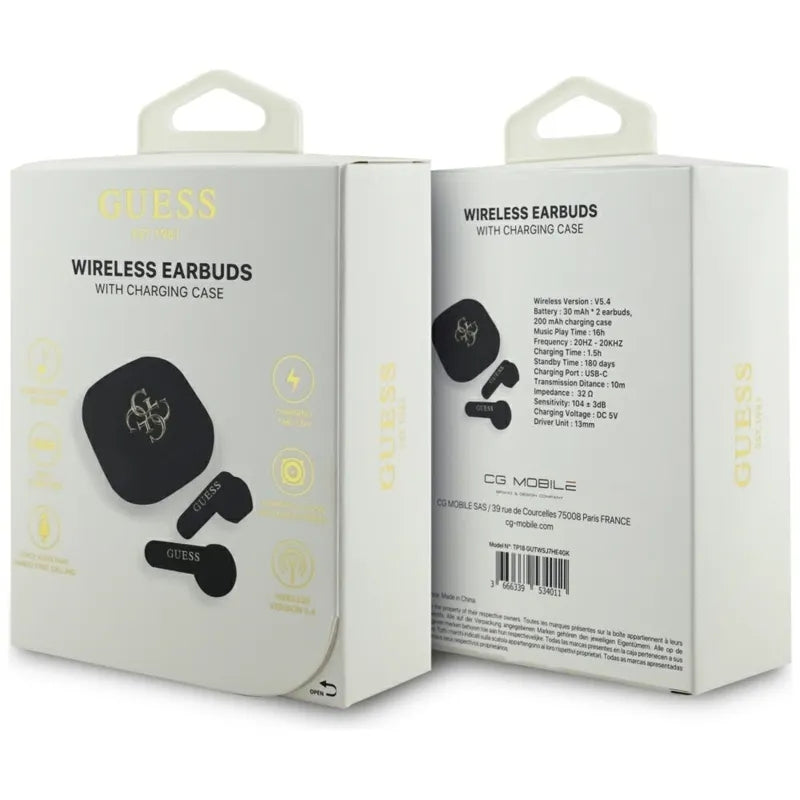 Guess 4G Metal Logo – TWS Bluetooth ausinės + įkrovimo dėklas (juodos)