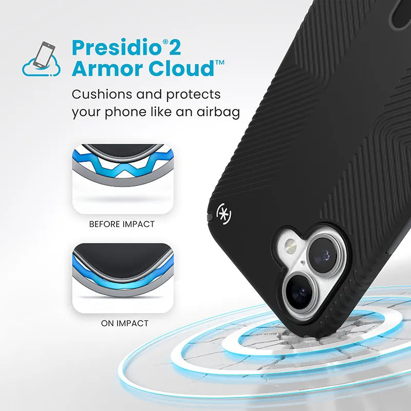 Speck Presidio2 Grip ClickLock & MagSafe dėklas – iPhone 16 Plus (juodas / skalūno pilkas / baltas)