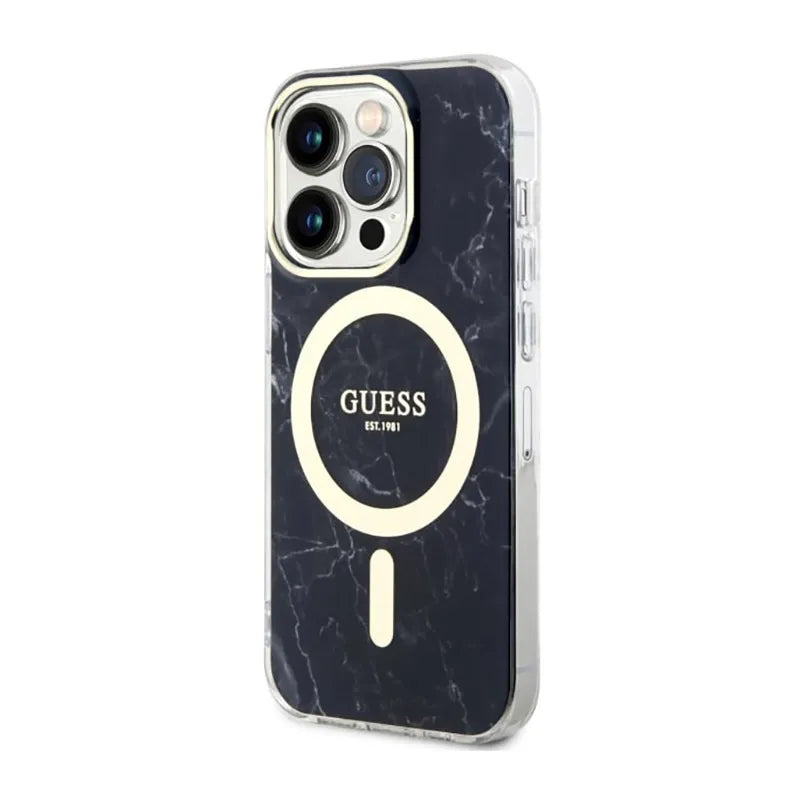 Guess Marble MagSafe – dėklas iPhone 14 Pro (juodas)
