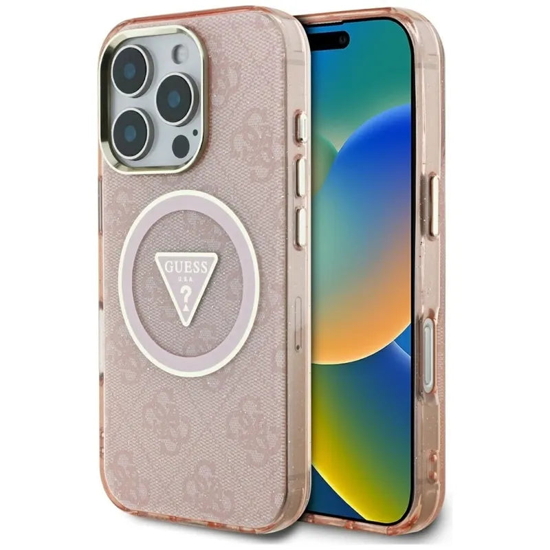 Guess IML Metal Glitter 4G Circle Triangle MagSafe – Dėklas iPhone 16 Pro (rožinis)