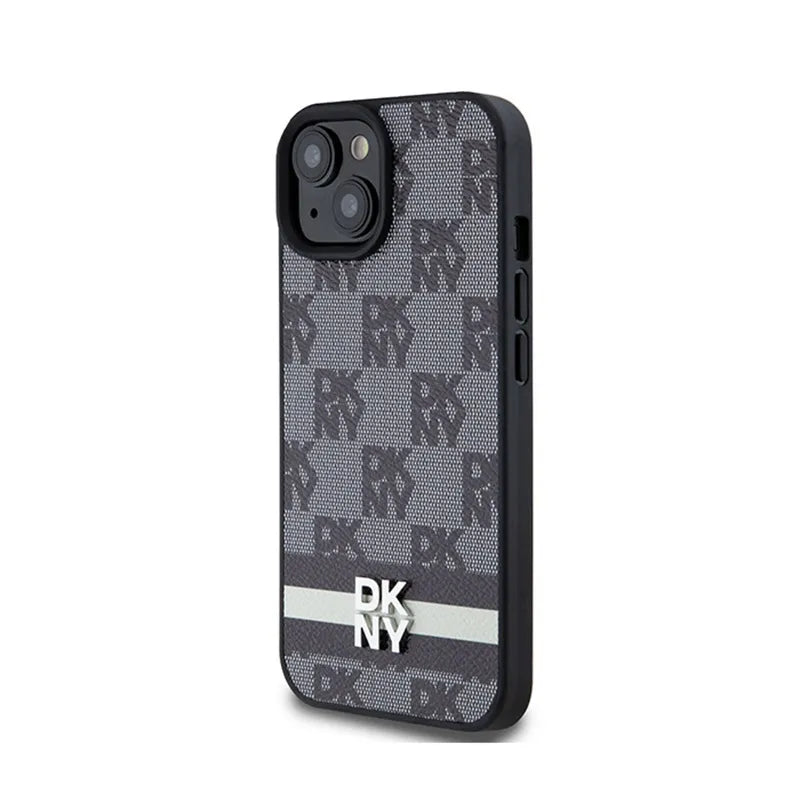 DKNY Leather Checkered Mono Pattern & Printed Stripes – iPhone 15 Plus / 14 Plus dėklas (juodas)