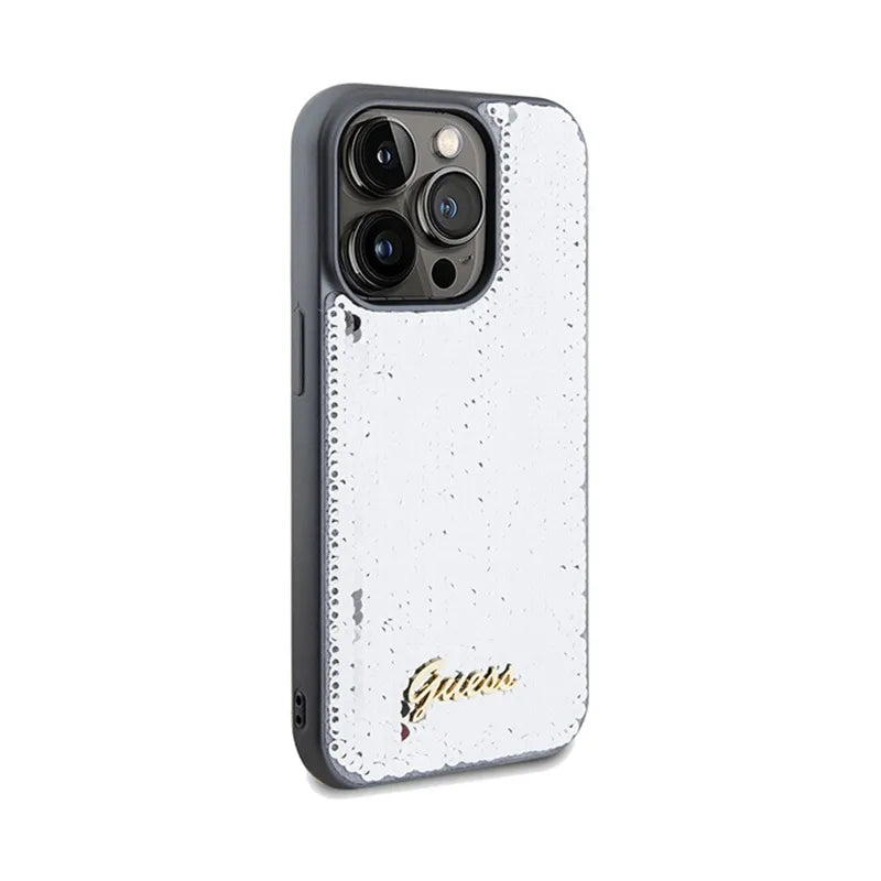 Guess Sequin Script Metal - Dėklas iPhone 14 Pro telefonui (sidabrinis)