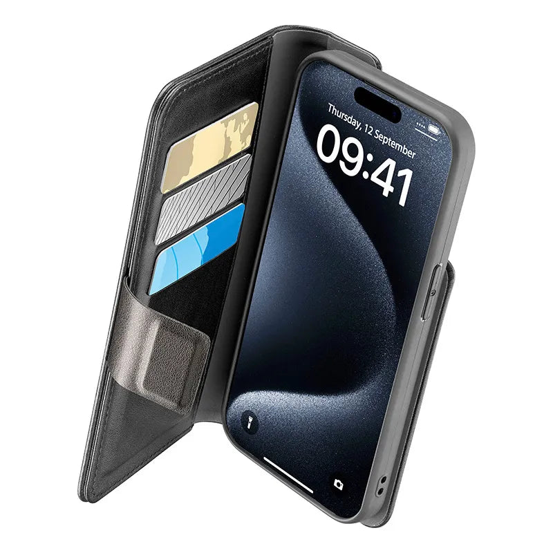 Cellularline Book Agenda – dėklas iPhone 15 Pro Max su MICROBAN danga (juodas)